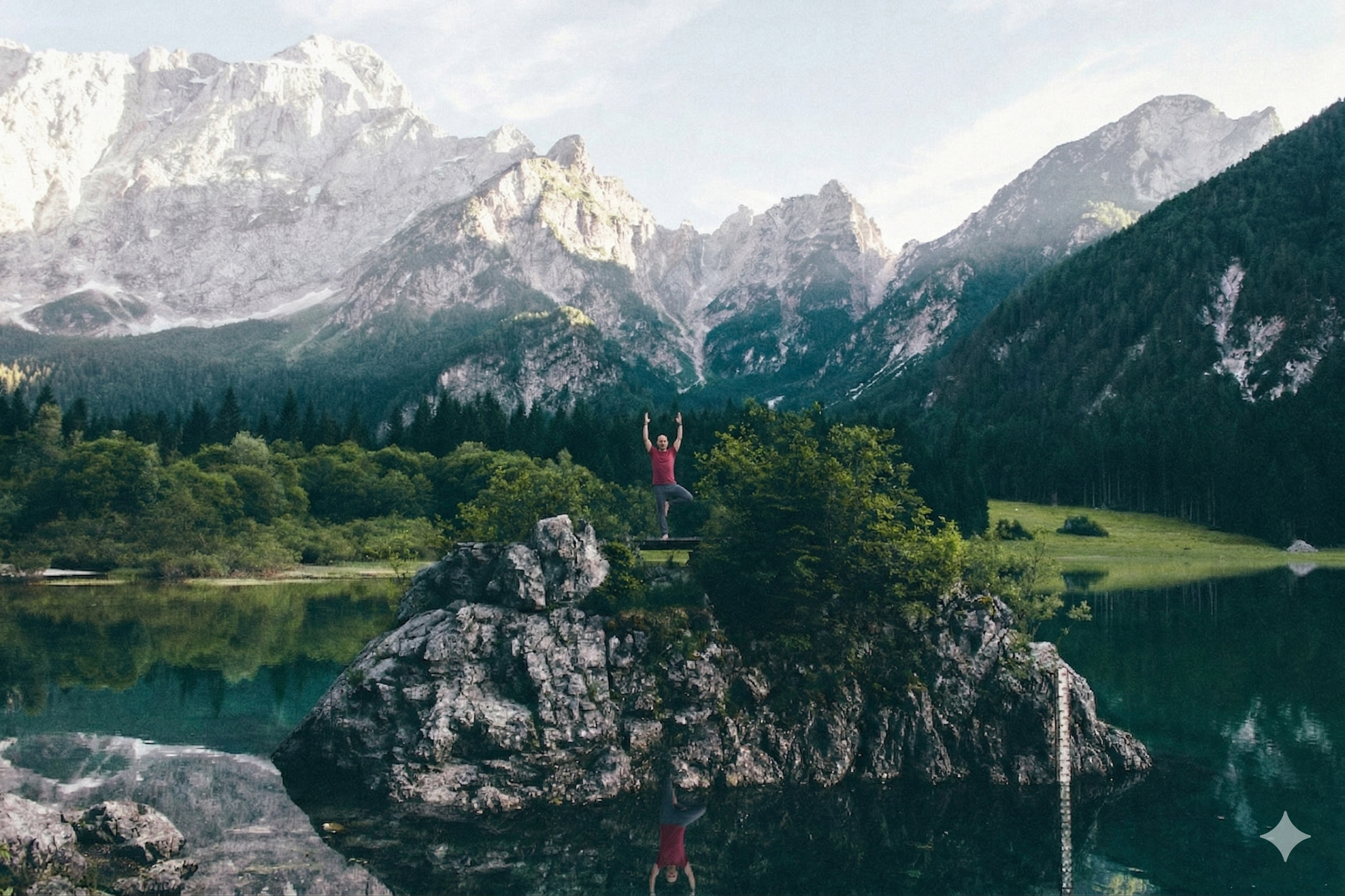 Yoga on paddleboard with mountain backdrop